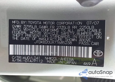 2007 Toyota Prius Touring z USA, uszkodzony, nr VIN JTDKB20UX77685238